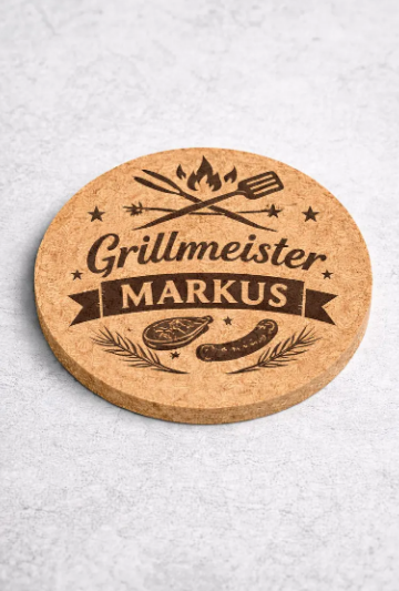 Personalisierter Kork Untersetzer Grillmeister – Geschenk für Männer/Frauen, BBQ, Gravur mit Namen/Symbol