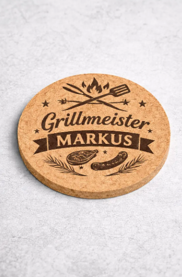 Personalisierter Kork Untersetzer Grillmeister – Geschenk für Männer/Frauen, BBQ, Gravur mit Namen/Symbol